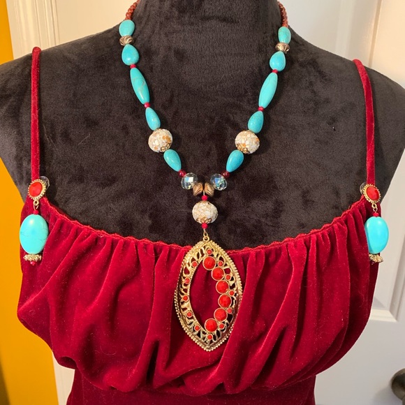 Necklace Turquoise and Red Statement Piece - Picture 2 of 8